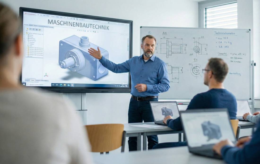 Dozent erklärt den Aufbau einer Maschine in der Klasse am Monitor